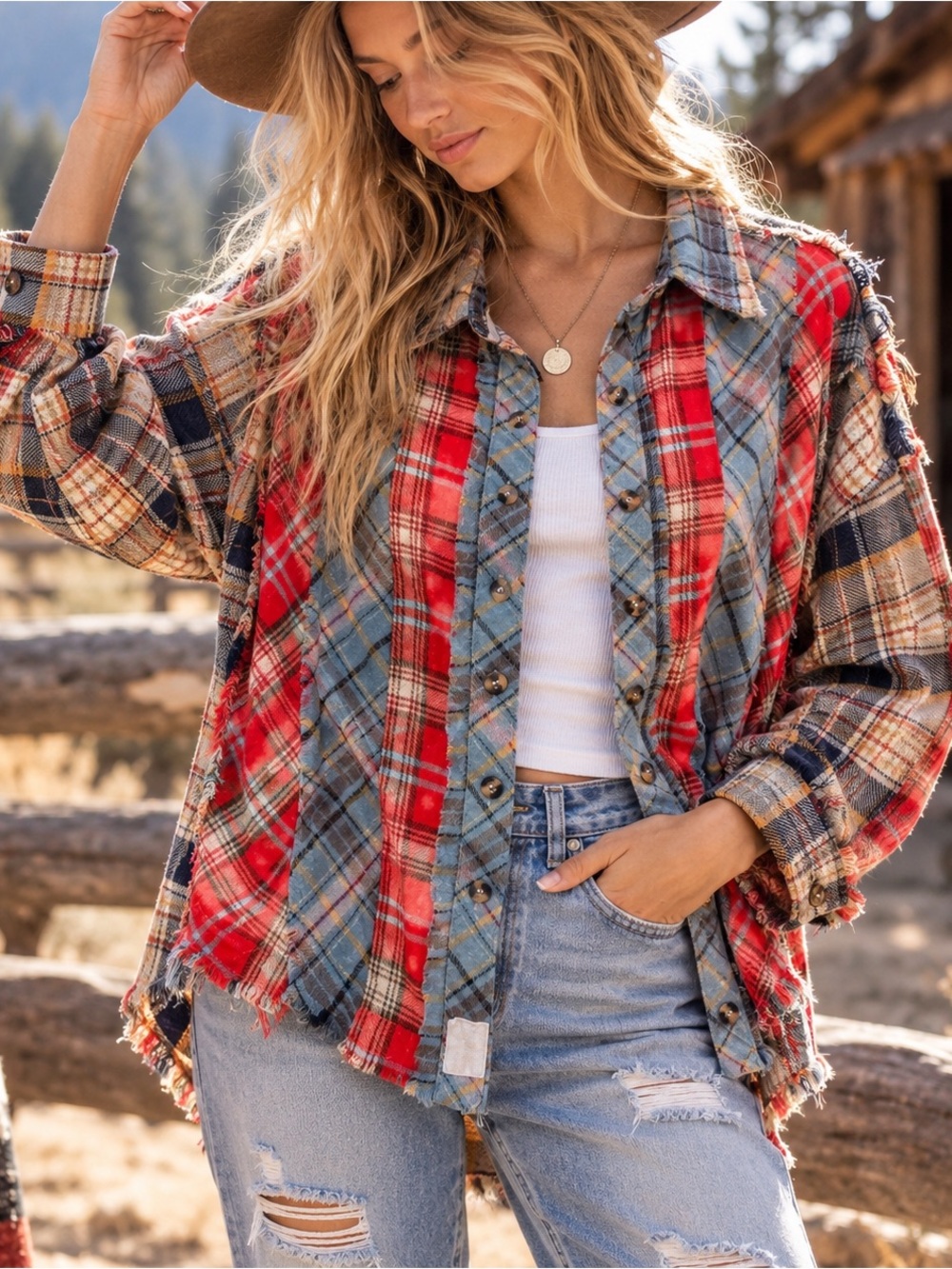 Ollie & Hali Patchwork Plaid Flannel Shirt Shacket Raw Hem Boho S